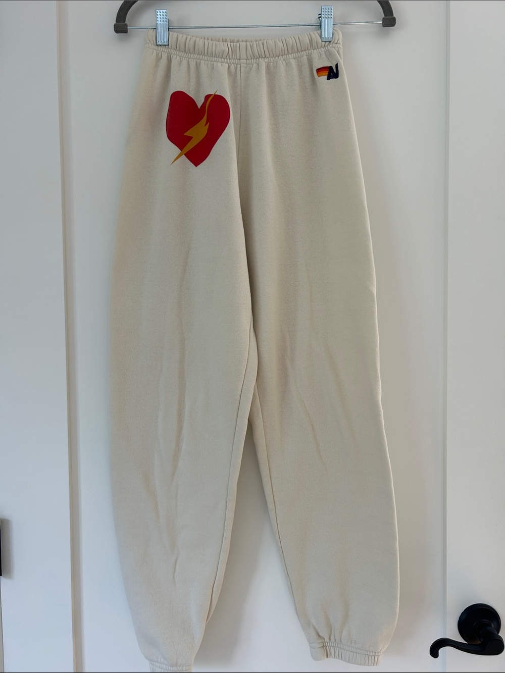 Aviator Nation Cream Joggers with Red Heart and Yellow Lightning
